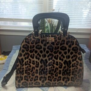 Leopard Print Dome Satchel Handbag - Black & Brown
